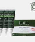 Luxéol hair growth serum tubes and supplement packaging with a bundle offer icon.
