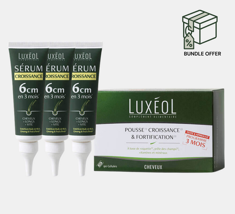 Luxéol hair growth serum tubes and packaging on a white background