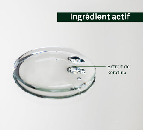 Active ingredient droplet visual emphasizing keratin extract derived from a patented process.
