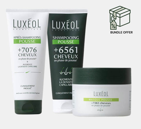 Luxéol hair care products including shampoo, conditioner, and mask on a white background with a bundle offer icon.