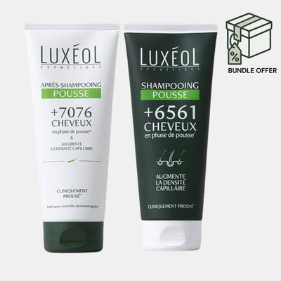 Two Luxéol hair density hair care products on a white background with a bundle offer icon.
