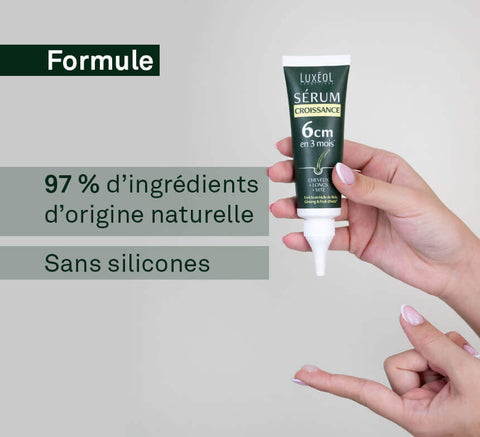 97% natural‑origin actives and silicone‑free formula visual with Growth Serum tube in hand.
