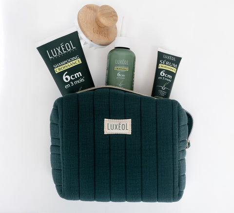 Travel pouch flat lay with Growth Serum, Growth Shampoo, and leave‑in Conditioner, 3‑step protocol.
