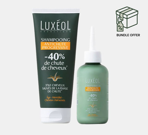 Luxéol shampoo and bottle on a white background with a bundle offer icon.
