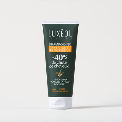 Luxéol Progressive Anti‑Hair Loss Shampoo 200 ml tube on minimal background, reduces hair loss by 40%
