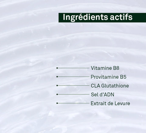 Ingredient texture close‑up highlighting vitamin B8 (biotin), provitamin B5 (panthenol), yeast extract, sodium DNA, CLA glutathione.