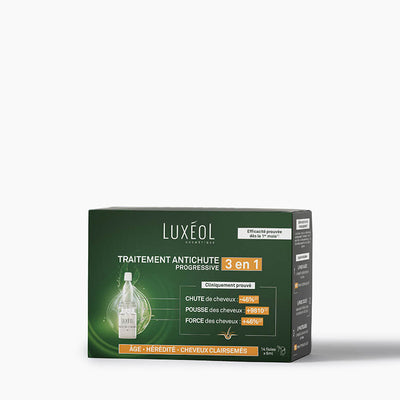 Luxéol Progressive Anti‑Hair Loss Treatment 3‑in‑1 box, 14 × 6 ml vials for age‑ or heredity‑related loss.