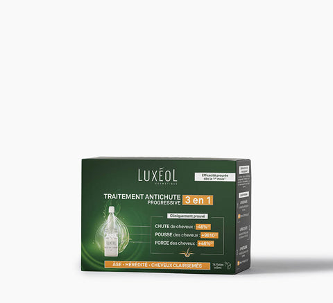 Luxéol Progressive Anti‑Hair Loss Treatment 3‑in‑1 box, 14 × 6 ml vials for age‑ or heredity‑related loss.