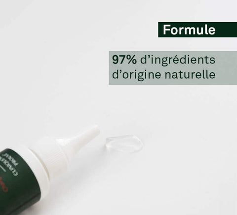 Texture close‑up with 97% natural‑origin ingredients claim for scalp serum.