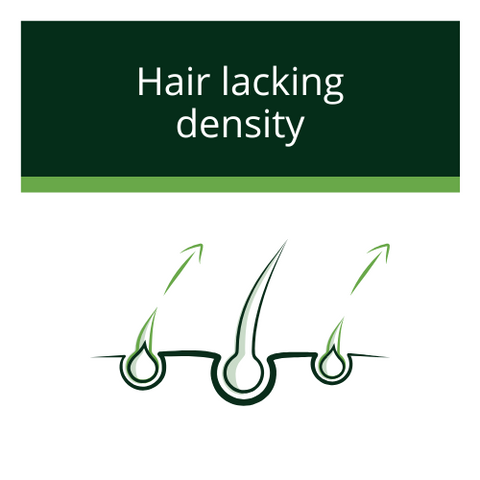 Illustration of thinning hair with text 'Hair lacking density' on a green banner.