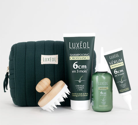 Luxéol hair care products including shampoo, serum, and a bag on a white background