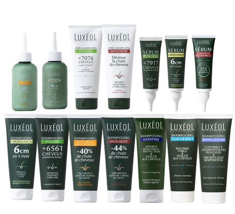 Luxeol hair care protocol bundles - complete routines with 30-35% savings, growth protocol +6cm, anti-loss trio -42%, progressive hair loss system