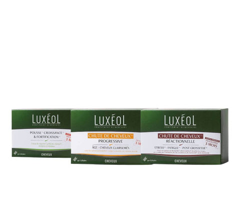 Luxeol hair dietary supplements collection - reactive hair loss, progressive hair loss, and density growth strengthening supplements made in France
