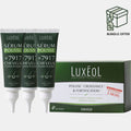 Luxéol hair growth serum tubes and supplement packaging with a bundle offer icon.