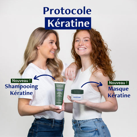 Two women holding Keratin Shampoo and Mask with product names and 'Nouveau!' labels on a white background.