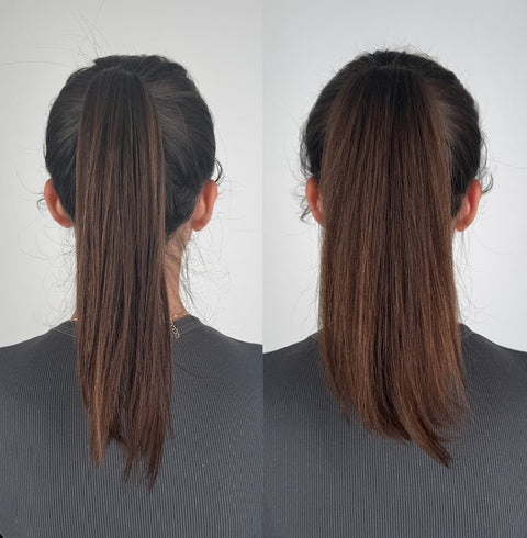 Two views of a person with long brown hair styled in a ponytail against a white background.