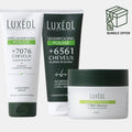 Luxéol hair care products including shampoo, conditioner, and mask on a white background with a bundle offer icon.