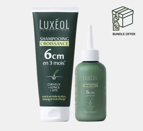 Two green bottles of Luxéol hair growth shampoo and conditioner next to a "Bundle Offer" icon.