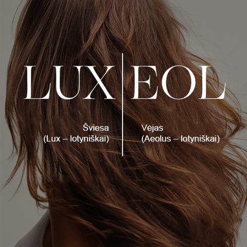 Close-up of brown hair with 'LUX EOL' text and Latin translations on a dark background